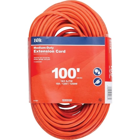All-Source SJTW Extension Cord, 16 AWG, Outdoor, 16/3, 1 Outlets, Orange, 100 ft OU-JTW163-100-OR
